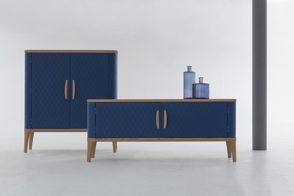 Tonin Casa sideboard covered in leather or eco leather with fancy diamond shapes